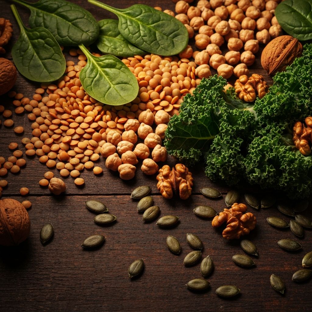 Plant-based foods including lentils, chickpeas and fresh greens