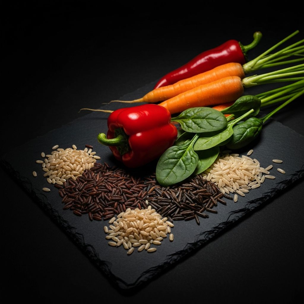 Fresh vegetables and whole grains on a dark slate surface
